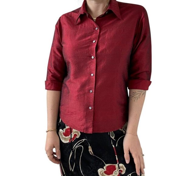 Vintage 1970s Red 100% Silk Womens Collared Button Down Minimalist Blouse Sz M - Picture 4 of 11